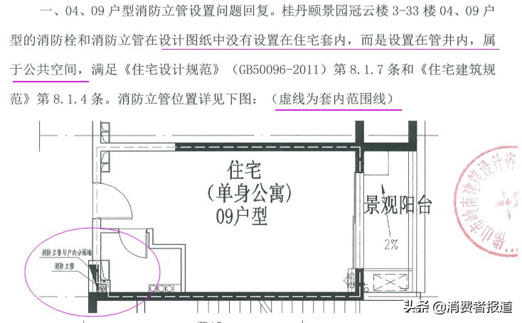 防火立管占用了套内面积，多家业主投诉佛山颐景园违反建筑规范