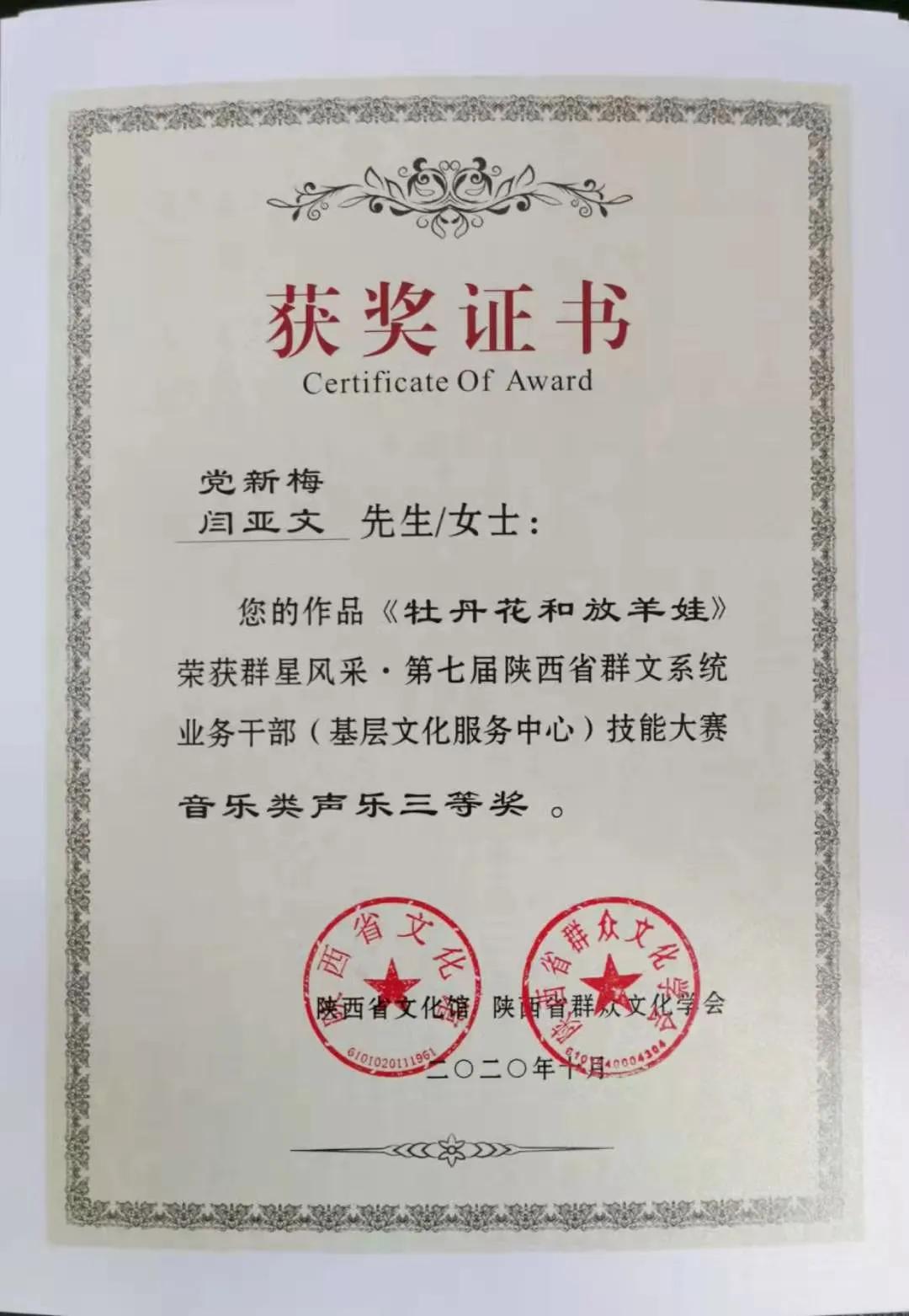 临渭区文化馆海兴分馆节目获《第七届陕西省群文系统业务干部（基层文化服务中心）技能大赛》三等奖